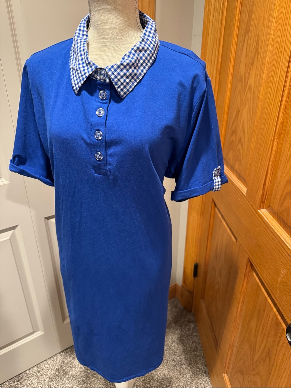 Denim&Co Royal Blue Polo Midi Dress with Gingham Collar